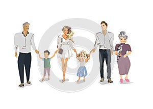 Happy family portrait with grandmother and grandfather with their children.  Cartoon characters of mother and father.
