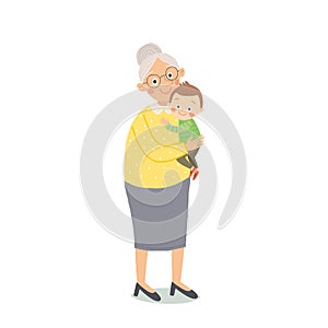 Happy Family portrait. Grandmother and grandson standing. Cartoon vector hand drawn eps 10 childrens illustration