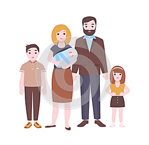 Happy family portrait. Mother holding newborn baby, father and children standing together. Parents and kids. Funny