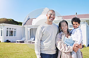 Happy family, portrait and real estate in property, investment or moving in new home together. Father, mother and child