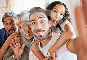 Happy family, portrait and silly face selfie for social media, vlog or funny online post at home. Grandparents, father