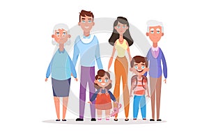 Happy family portrait. Vector people. Father, mother, grandmother, grandfather and children. Three generations.