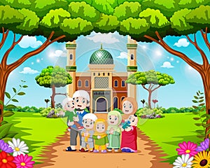 the happy family are posing in front of the beautiful mosque
