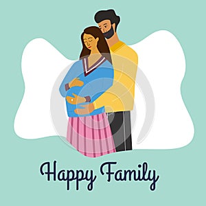 Happy family postcard. Young couple expecting a baby. Cute parents standing together and hold pregnant moms belly