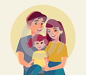 Happy family poster with mother, smiling father, little girl vector illustration in flat style.