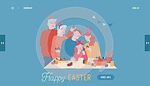 Happy Family Prepare for Easter Holiday Celebration Website Landing Page. Parents, Grandparents and Little Girl