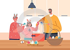 Happy Family Prepare for Easter Spring Holiday Celebration. Father and Daughter with Son in Rabbit Ears Painting Eggs
