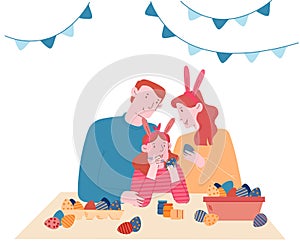 Happy Family Prepare for Easter Spring Holiday Celebration. Mother, Father and Daughter in Rabbit Ears Painting Eggs