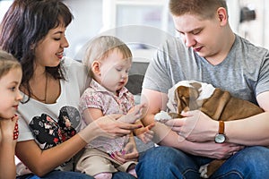 Happy family with puppies of English bulldog on his hands sitting on the couch