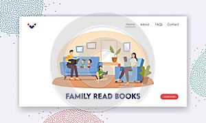 Happy Family Reading at Home Landing Page Template. Father, Mother and Children Characters Sitting on Couch with Books