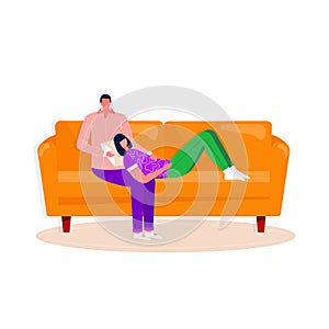 Happy family relaxing on couch. Man and woman spending time together. Husband and wife on comfy sofa enjoying home