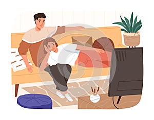 Happy family relaxing on couch watching tv vector flat illustration. Smiling man and woman spending time together