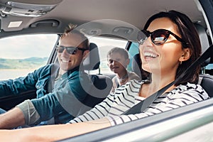 Happy family ride in the car