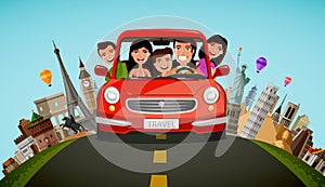 Happy family rides in car on vacation. Journey, travel concept. Cartoon vector illustration