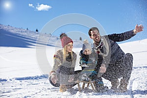 The happy family rides the sledge in the winter wood, cheerful winter entertainments