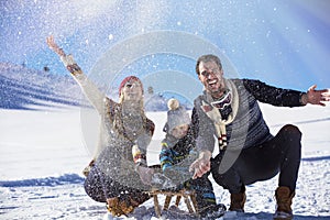 The happy family rides the sledge in the winter wood, cheerful winter entertainments