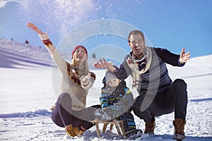 The happy family rides the sledge in the winter wood, cheerful winter entertainments