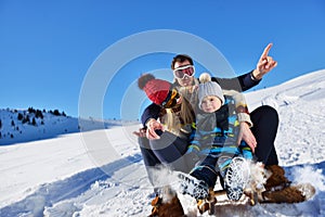 The happy family rides the sledge in the winter wood, cheerful winter entertainments
