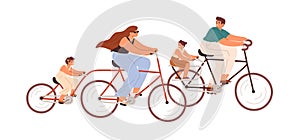 Happy family riding Adult and Child bikes. Parent with children driving bicycles together. Mother, father and kids