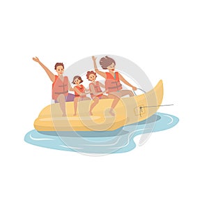 Happy family riding a banana boat, beach activities water sport