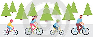 Happy family riding bicycles, isolated on white background in a flat style