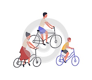 Happy family riding bicycles. Mom, dad and child on bikes isolated on white background. Parents and son cycling together