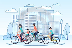 Happy Family Riding Bikes on Cityscape Cartoon