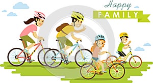 Happy family riding bikes isolated on white