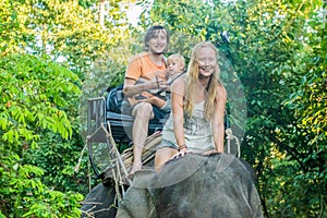 Happy family riding on an elephant, woman sitting on the elephant`s neck