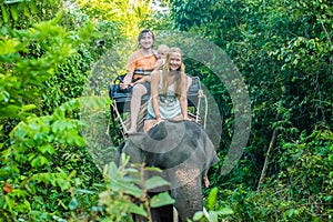 Happy family riding on an elephant, woman sitting on the elephant`s neck