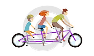 Happy Family Riding Tandem Bicycle, Father, Mother and Son Cycling Outdoor, Active Lifestyle Concept Cartoon Vector