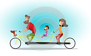 Happy family riding a tandem bicycle. Vector illustration.