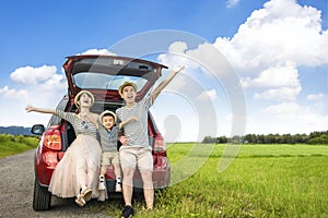 Happy family on  road trip in the car. having fun with summer vacation