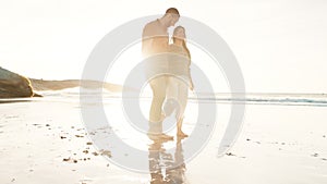 Happy family, running and holding hands on beach by wet sand, walking and fun play on summer vacation. Sunset, love and