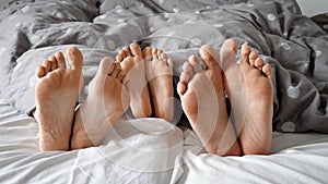 Happy family\'s feet under the blanket. Perfect for representing family time, closeness, and intimacy