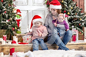 Happy family in Santa hat