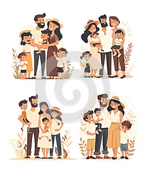 Happy family scenes cartoon vector set. Dad mom son daughter different ages hugging standing together group characters
