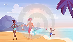 Happy family on sea beach flat vector illustration, cartoon mother father and children characters have fun together on