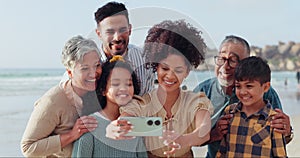 Happy family selfie, grandparents or children in beach, sea or ocean on holiday vacation together. Mom, dad or kids