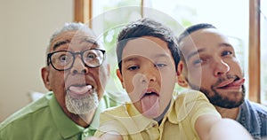Happy family, selfie and tongue out with boy child, father and grandparent bonding in their home together. Emoji