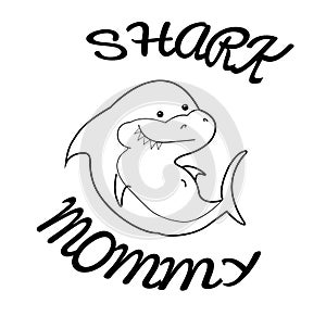 Happy Family sharks. Mommy shark. Cute cartoon outline of sea animals. Transparent black silhouette on a white
