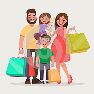 Happy family is shopping. Father, mother and children with packages and purchases. Vector illustration