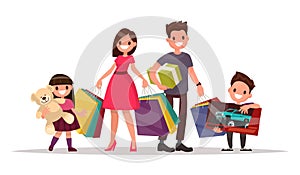 Happy family with shopping. Father mother, son and daughter are