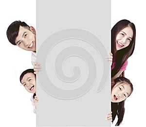 Happy family showing the  Blank Board and banner On White Background