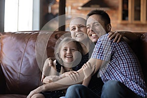 Happy family with sick mom embrace at home