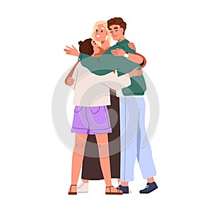 Happy family, single mother hugging children teenagers with love. Smiling mom parent embracing teenage kids, girl and