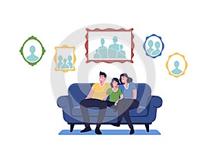 Happy Family Sitting on Couch in Living Room with Pictures Hanging on Wall. Mother, Father and Child Characters at Home