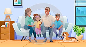 Happy family sitting on the couch together at home with father, mother, children and a pet