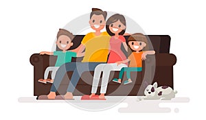Happy family sitting on the sofa. Father, mother, son and daughter together on an isolated background.