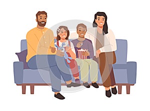 Happy family sitting on sofa together watch movie